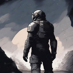 An illustration of a lone space soldier viewed from behind, standing in the endless expanse of space