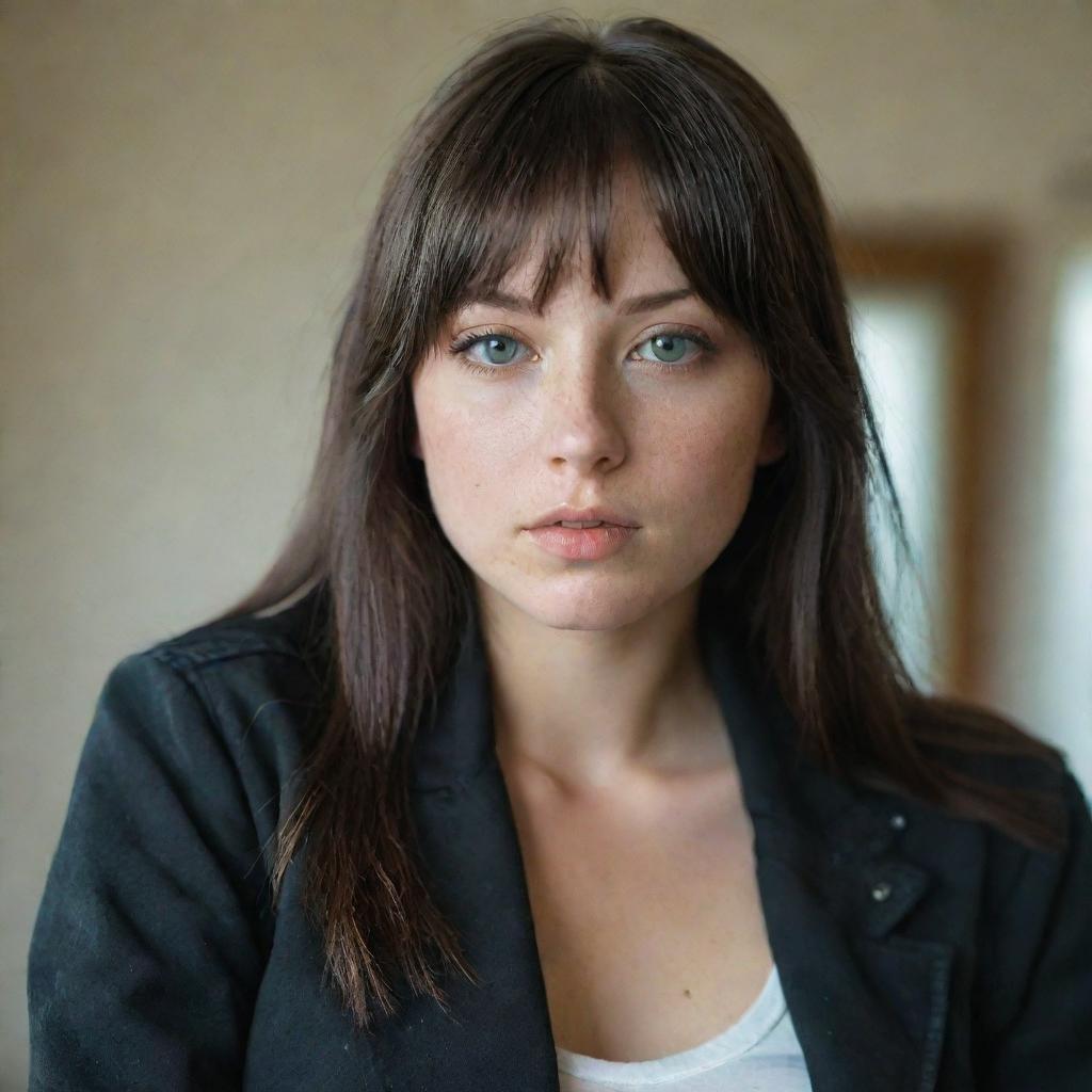 casual photograpy medium body, female, 23 year old with green eyes and black long hai with withe streaks in the bangs with  black rap tematic jacket .,freckles, self on the mirror, relax time, medium distance shot, 4k hd,  --style raw--v 5.2 ar 2-3