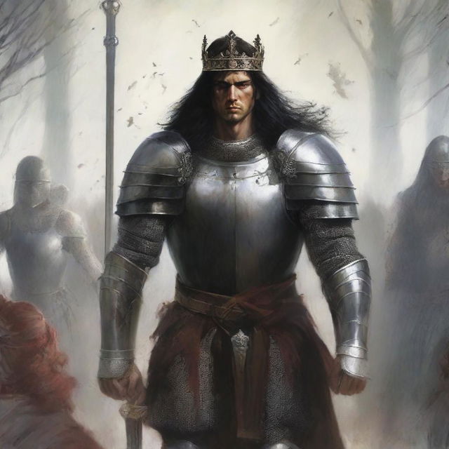 A royal figure in armor with a crown on his head, shoulder-length hair, appears in the center large on the cover