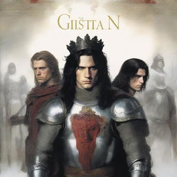 A royal figure in armor with a crown on his head, shoulder-length hair, appears in the center large on the cover