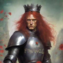 A royal figure in armor with a crown on his head, shoulder-length red hair, appears in the center large on the cover, depicted transparently or darkly up to the chest, with focus on the eyes