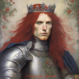 A royal figure in armor with a crown on his head, shoulder-length red hair, appears in the center large on the cover, depicted transparently or darkly up to the chest, with focus on the eyes