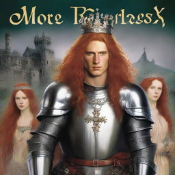 A royal figure in armor with a crown on his head, shoulder-length red hair, appears in the center large on the cover, depicted transparently or darkly up to the chest, with focus on the eyes