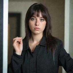 casual photograpy medium body, female, 23 year old with green eyes and black long hai with withe streaks in the bangs with  black rap tematic jacket .,freckles, self on the mirror, relax time, medium distance shot, 4k hd,  --style raw--v 5.2 ar 2-3