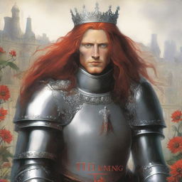 A royal figure in armor with a crown on his head, shoulder-length red hair, appears in the center large on the cover, depicted transparently or darkly up to the chest, with focus on the eyes