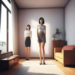 A giantess standing in a room, towering over the furniture with a curious expression