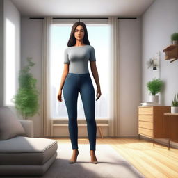 A giantess standing in a room, towering over the furniture with a curious expression