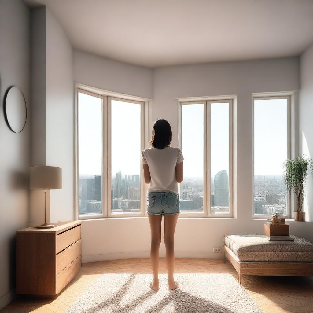 A giantess standing in a room, towering over the furniture with a curious expression