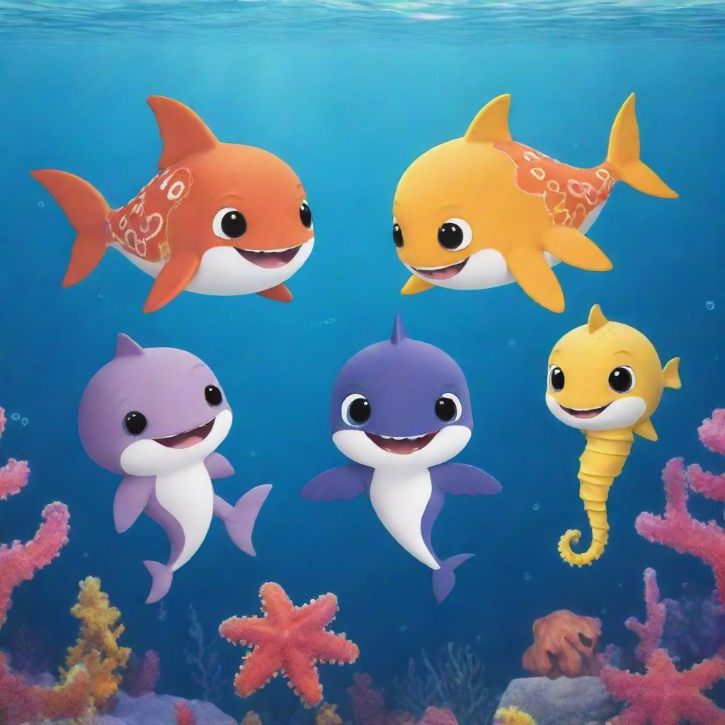 A playful baby shark, a colorful octopus, and a delicate seahorse happily swimming underwater