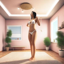 A giantess wearing a bikini standing in a room, her head nearly touching the ceiling