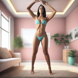 A giantess wearing a bikini standing in a room, her head nearly touching the ceiling