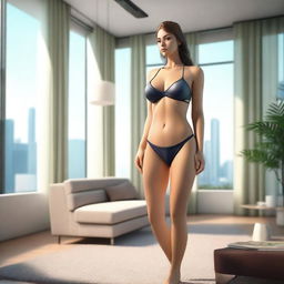 A giantess wearing a bikini, standing in a room