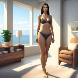 A giantess wearing a bikini, standing in a room