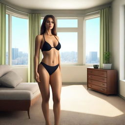 A giantess wearing a bikini, standing in a room