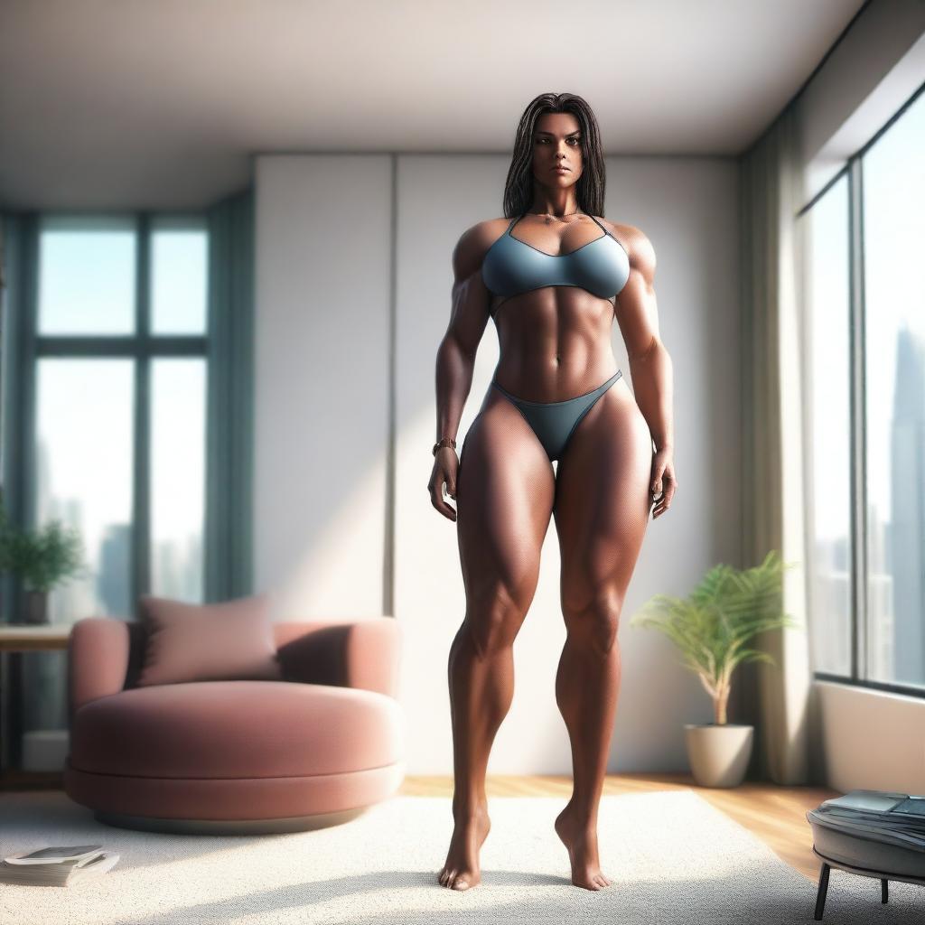 A muscular giantess wearing a bikini, standing confidently in a modern room