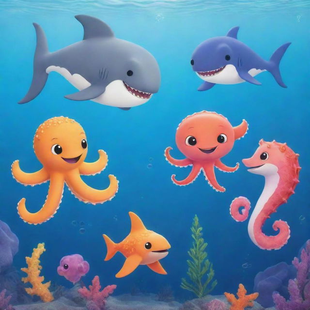 A playful baby shark, a colorful octopus, and a delicate seahorse happily swimming underwater