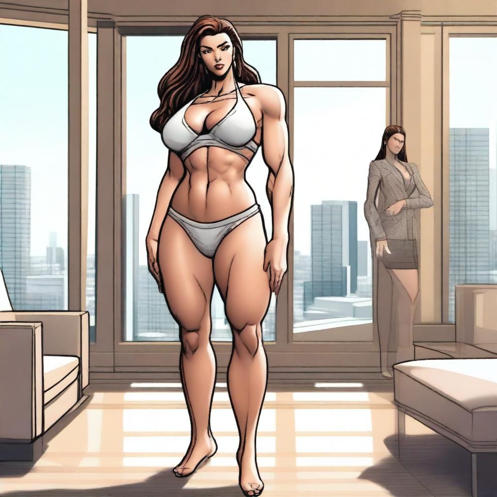 A muscular giantess wearing a bikini, standing in a modern room