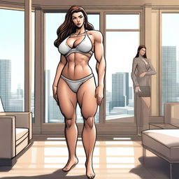 A muscular giantess wearing a bikini, standing in a modern room