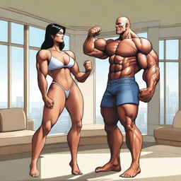 A muscular giantess wearing a bikini, standing in a modern room