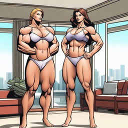 A muscular giantess wearing a bikini, standing in a modern room