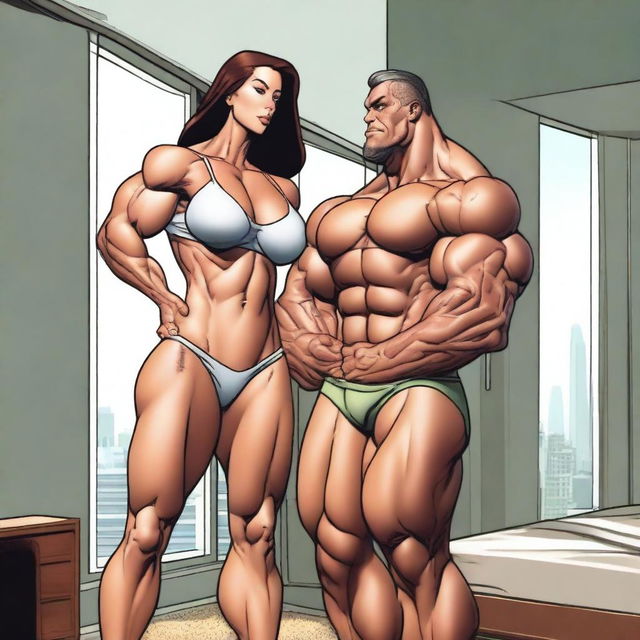 A muscular giantess wearing a bikini, standing in a modern room