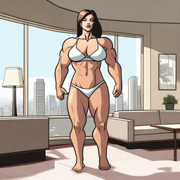 A muscular giantess wearing a bikini, standing in a modern room