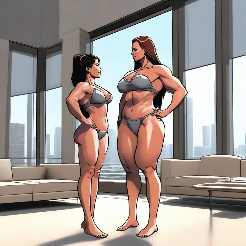 A muscular giantess wearing a bikini, standing in a modern room