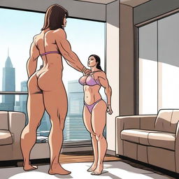 A muscular giantess wearing a bikini, standing in a modern room