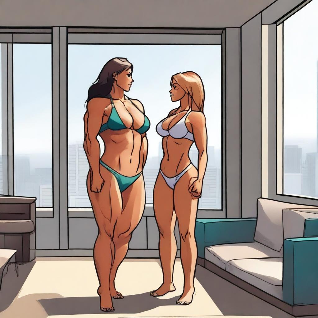 A muscular giantess wearing a bikini, standing in a modern room