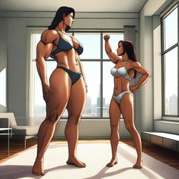 A muscular giantess wearing a bikini, standing in a modern room