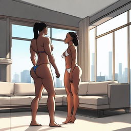 A muscular giantess wearing a bikini, standing in a modern room