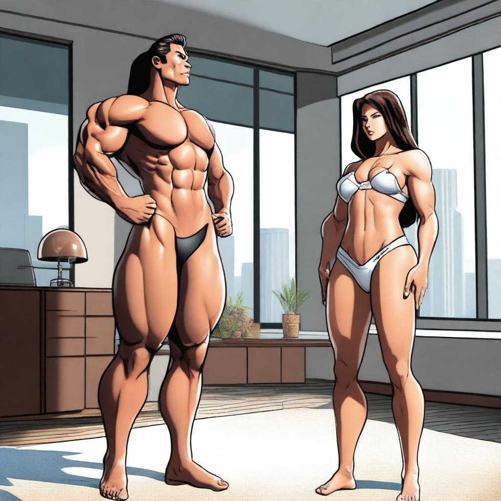 A muscular giantess wearing a bikini, standing in a modern room