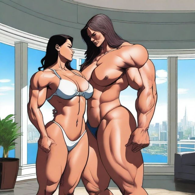 A muscular giantess wearing a bikini, standing in a modern room