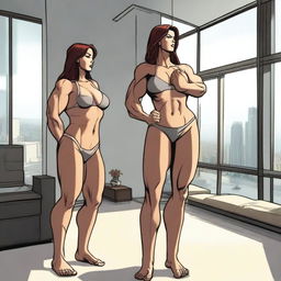 A muscular giantess wearing a bikini, standing in a modern room