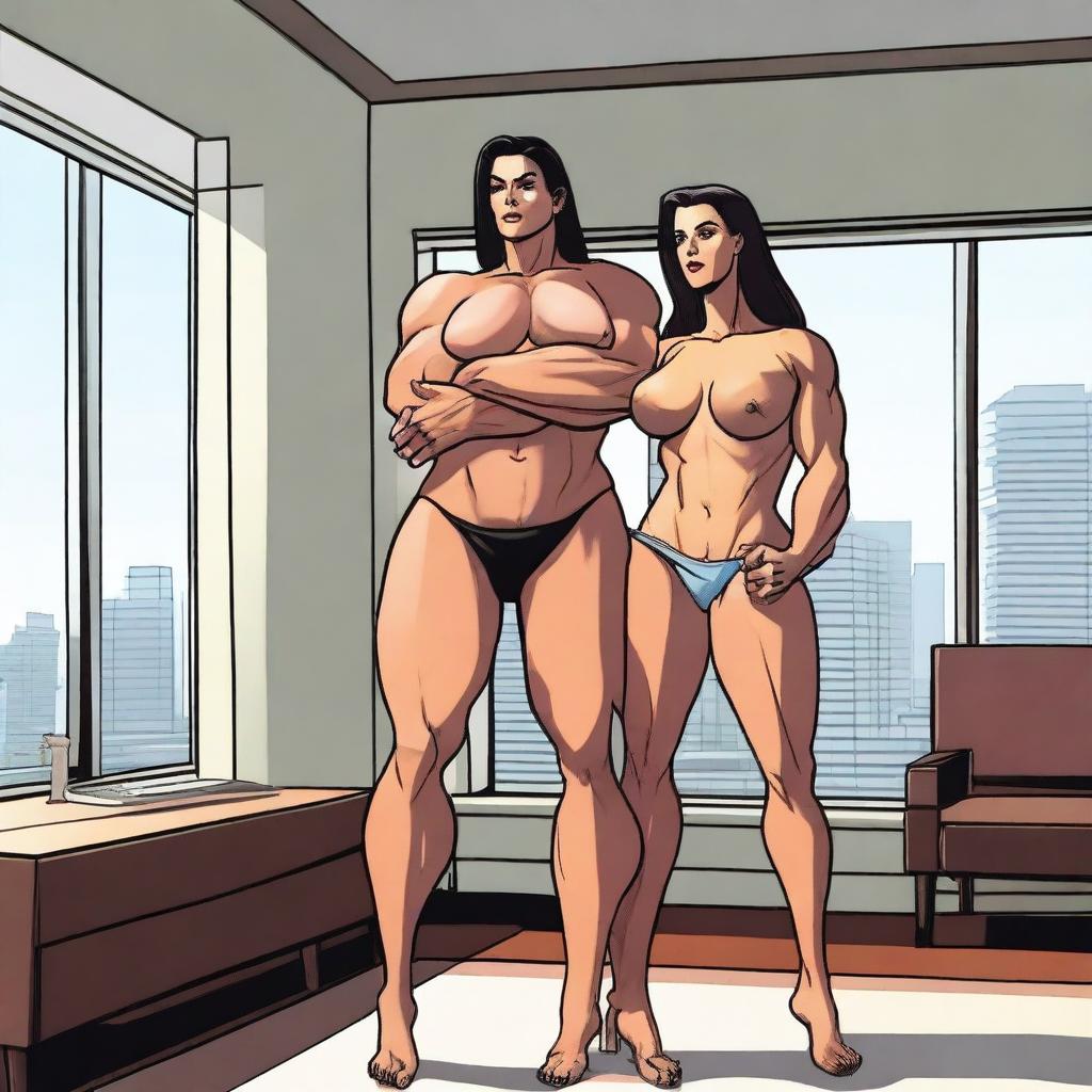 A muscular giantess wearing a bikini, standing in a modern room