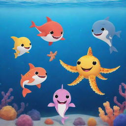 A playful baby shark, a colorful octopus, and a delicate seahorse happily swimming underwater