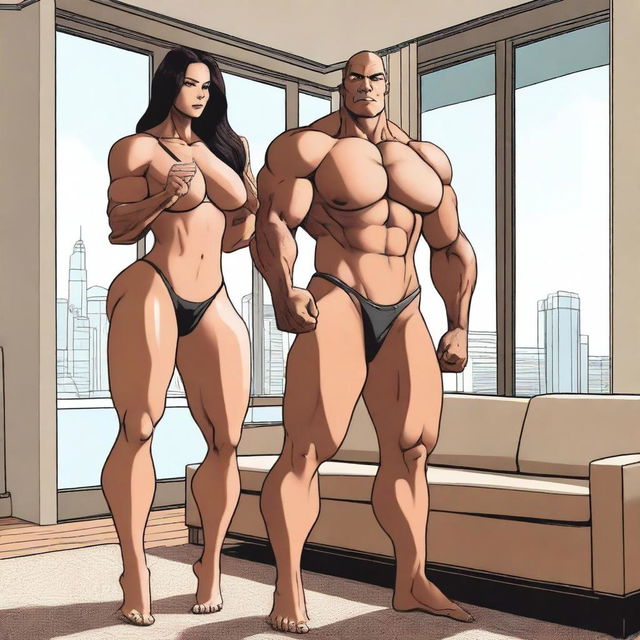 A muscular giantess wearing a bikini, standing in a modern room