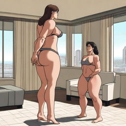 A muscular giantess wearing a bikini, standing in a modern room