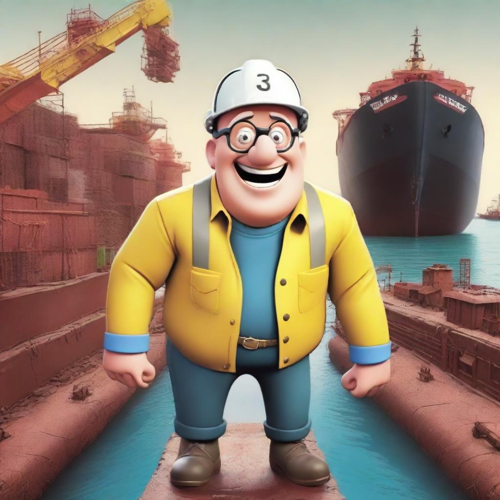 A bald guy with glasses wearing a hard hat and a high visibility jacket is jumping up and down on a dry dock with a barge stuck on it