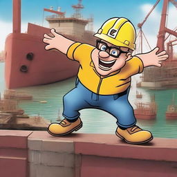 A bald guy with glasses wearing a hard hat and a high visibility jacket is jumping up and down on a dry dock with a barge stuck on it