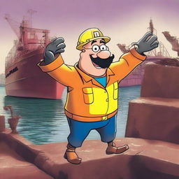 A bald guy with glasses wearing a hard hat and a high visibility jacket is jumping up and down on a dry dock with a barge stuck on it