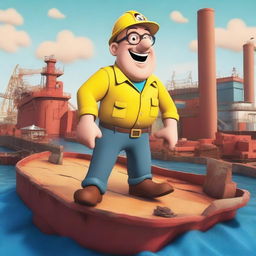 A bald guy with glasses wearing a hard hat and a high visibility jacket is jumping up and down on a dry dock with a barge stuck on it