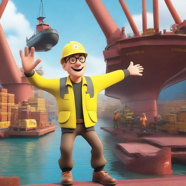 A skinny bald guy with glasses wearing a hard hat and a high visibility jacket is jumping up and down on a dry dock with a barge stuck on it