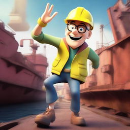 A skinny bald guy with glasses wearing a hard hat and a high visibility jacket is jumping up and down on a dry dock with a barge stuck on it