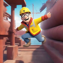 A skinny bald guy with glasses wearing a hard hat and a high visibility jacket is jumping up and down on a dry dock with a barge stuck on it