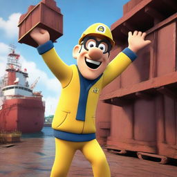 A skinny bald guy with glasses wearing a hard hat and a high visibility jacket is jumping up and down on a dry dock with a barge stuck on it