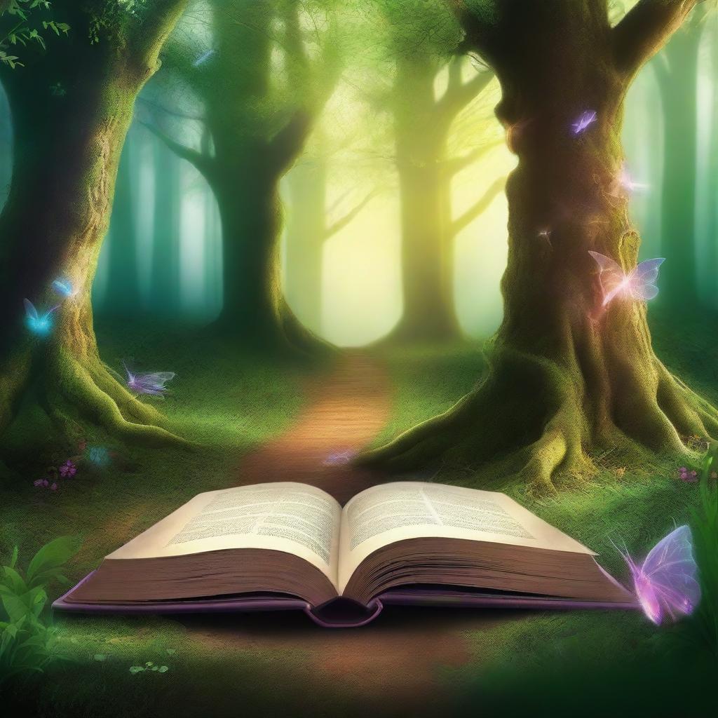 Create a captivating book cover featuring an enchanted forest with a mysterious glowing pathway