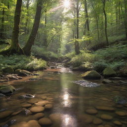 A peaceful scene of a crystal clear stream flowing through a deeply shaded forest, with sunlight peeking through the dense canopy.