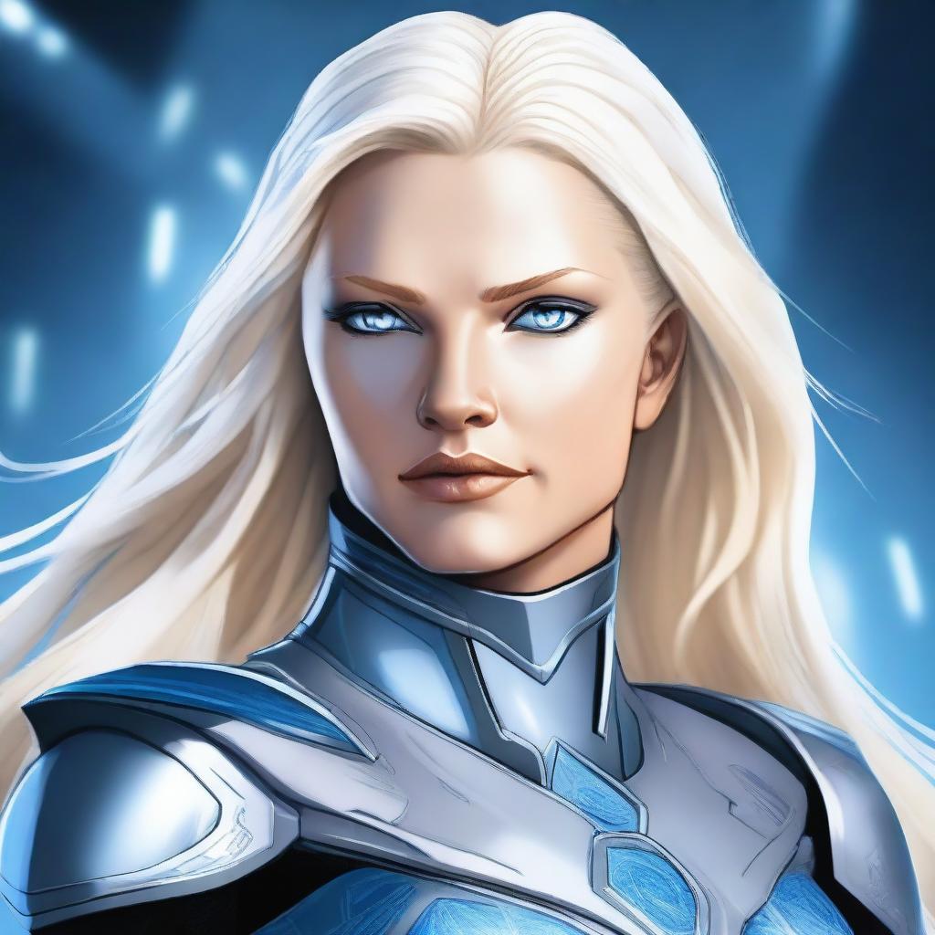 A detailed illustration of Commander Elara Voss, a statuesque and striking woman with icy blue eyes and long, platinum blonde hair