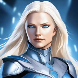 A detailed illustration of Commander Elara Voss, a statuesque and striking woman with icy blue eyes and long, platinum blonde hair